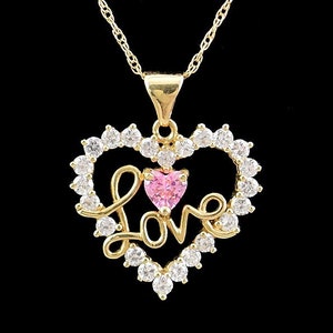 Sweet Modern 10k Yellow Gold w/ Pink and White Cubic Zirconia Heart Necklace