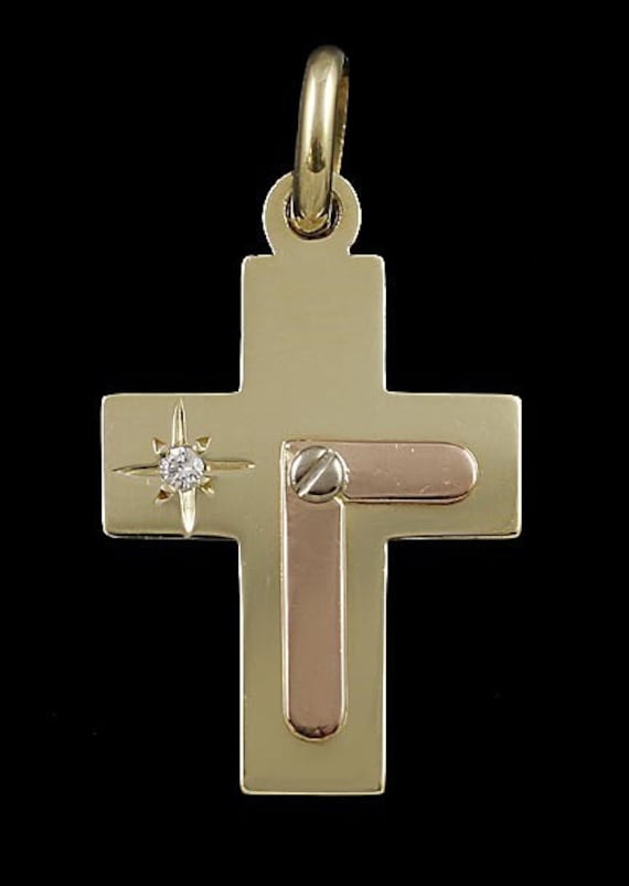 Unusual Modern Tri-Color 14k Gold & Diamond Cross 