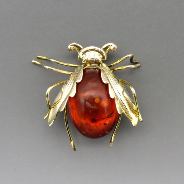 Vintage Retro 12K Gold Filled Amber Insect Fly/ Beetle Pin Brooch