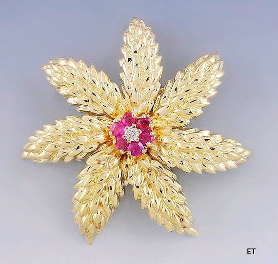 Beautiful 14k Yellow Gold Ruby & Diamond Flower P… - image 1