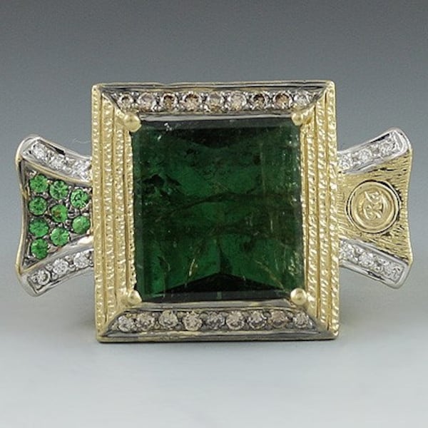 Designer 18k Gold Tourmaline White & Yellow Diamond Demantoid Garnet Ring