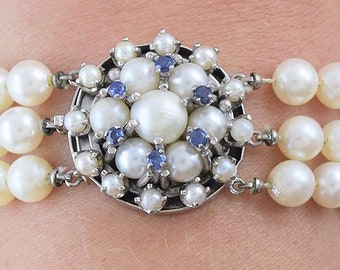 Beautiful 14k White Gold, Pearl and Sapphire 3 Strand Bracelet