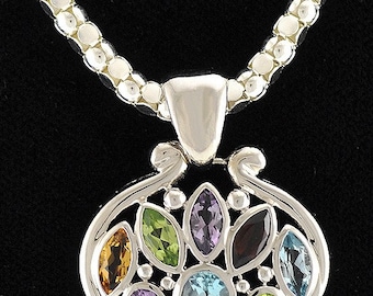 Beautiful Sterling Silver Pendant and Necklace Genuine Stones Amethyst Topaz