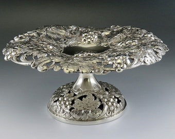 1800's Art Nouveau High Relief Hand Chased Pierced Sterling Silver Pedestal Bowl