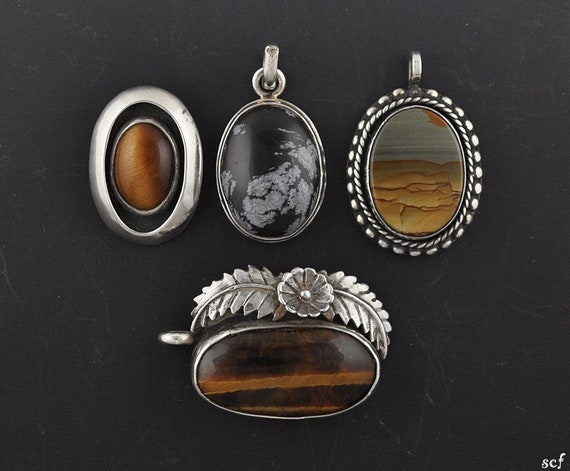 4 Sterling Silver and Genuine Stone Pendants w/ T… - image 1