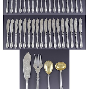 c1900 Fab German Bruckmann Sons Silver 40pc Fish Set w Serving Pieces E Mono