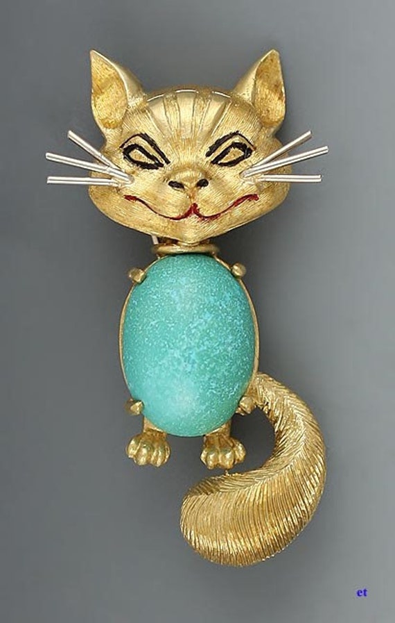 Fabulous 18k Yellow Gold Cat Pin Turquoise Body B… - image 1