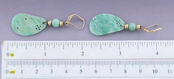 Elegant Pair Hand Carved Green Jade 14k Yellow Go… - image 3