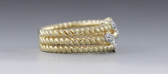 Stunning 14K Yellow Gold Band Rope Twist Diamond … - image 3