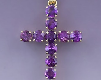 Beautiful 14k Yellow Gold & Amethyst Gemstone Cross Necklace Pendant w/ Chain