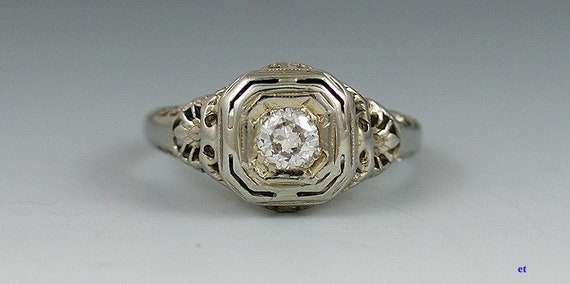 Elegant Vintage 18k White Gold Diamond Filigree R… - image 1