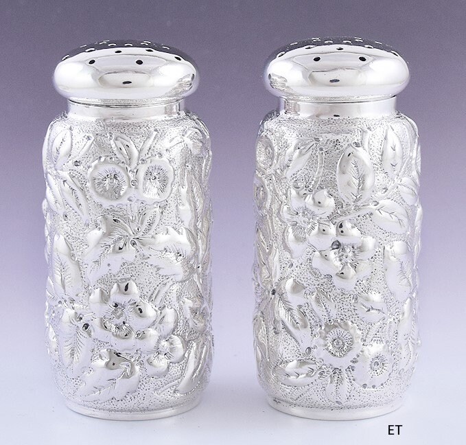 late 1800s/early 1900s Lovely Pair Sterling Silver Repousse Pepper Shakers
