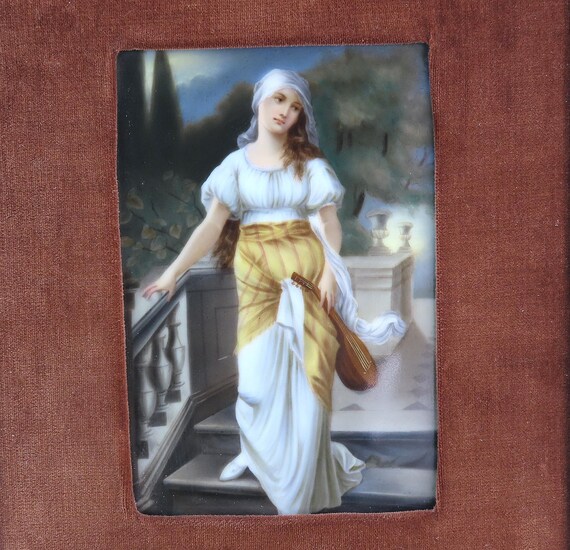 1800年代ドイツ製磁器絵画、リュートを弾く女性、木製フレーム - Etsy 日本