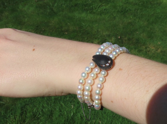 Triple Strand Pearl Bracelet w Diamond Set Black … - image 4