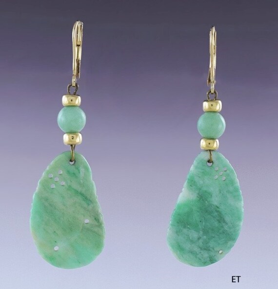 Elegant Pair Hand Carved Green Jade 14k Yellow Go… - image 1