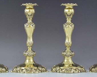 4 Antique English Victorian 1837 Gilt Gold Wash Sterling Silver Candlesticks