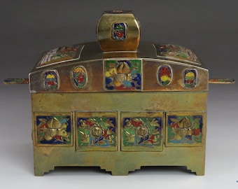 Antique c1900 Chinese Enamel Brass Covered Grand Temple Box