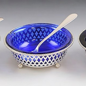 1899 Fine Set 3 Gorham Sterling Silver Open Salt Cellars w/ Cobalt Liners