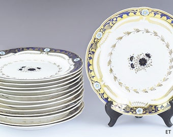 c1800-1825 Lovely set 13 Spode Cobalt Blue White & Gilt Dinner Plates