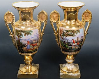 c1830s Fantastic Pair Paris Porcelain Gilt Hand Painted Grecian Urns