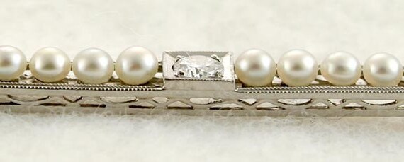 Edwardian Platinum Filigree Diamond Pearl Bar Pin… - image 2