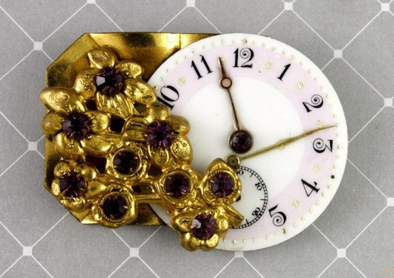 Antique Watch Face Purple Rhinestone Pin Unique - image 1