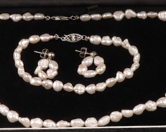 Natural Freshwater Pearl & Sterling Silver Necklace Bracelet Earring Jewelry Set