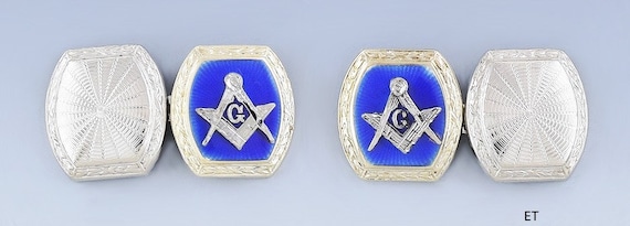 Handsome Pair 10k White Gold & Blue Enamel Masoni… - image 1