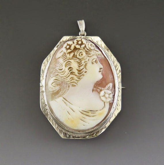 Antique c1915 14K White Gold Shell Cameo Pendant P