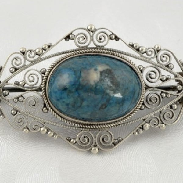 Antique 800 Purity Silver Italian Filigree Blue Stone Brooch Pin