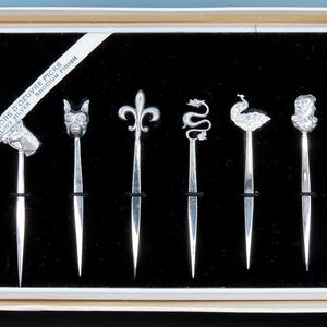 Great Set 6 Sterling Silver Hors D&#39;oeuvres Picks Various Animal Tops 2 7/8&quot;