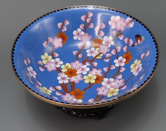 Beautiful Chinese Cloisonne 10" Bowl Prunus Cherry Plum Flowers Butterfly
