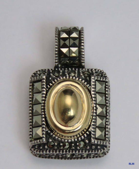 Stunning 14k Gold Sterling Silver Marcasite Square Pendant