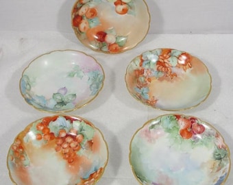 5 Antique French Hand Painted Tresseman Vogt Limoges Porcelain Berry Bowls
