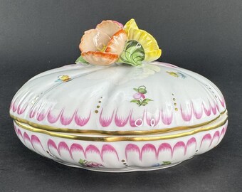 素敵なヘレンド 手描き花柄小物入れ キャンディ皿 花飾り付き 6170