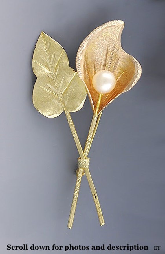 South American Hand Crafted 18k Gold Pearl Calla … - image 1