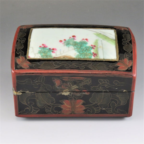 c1920s Antique Chinese Lacquer Box With Painted Roses on Porcelain Inlay
