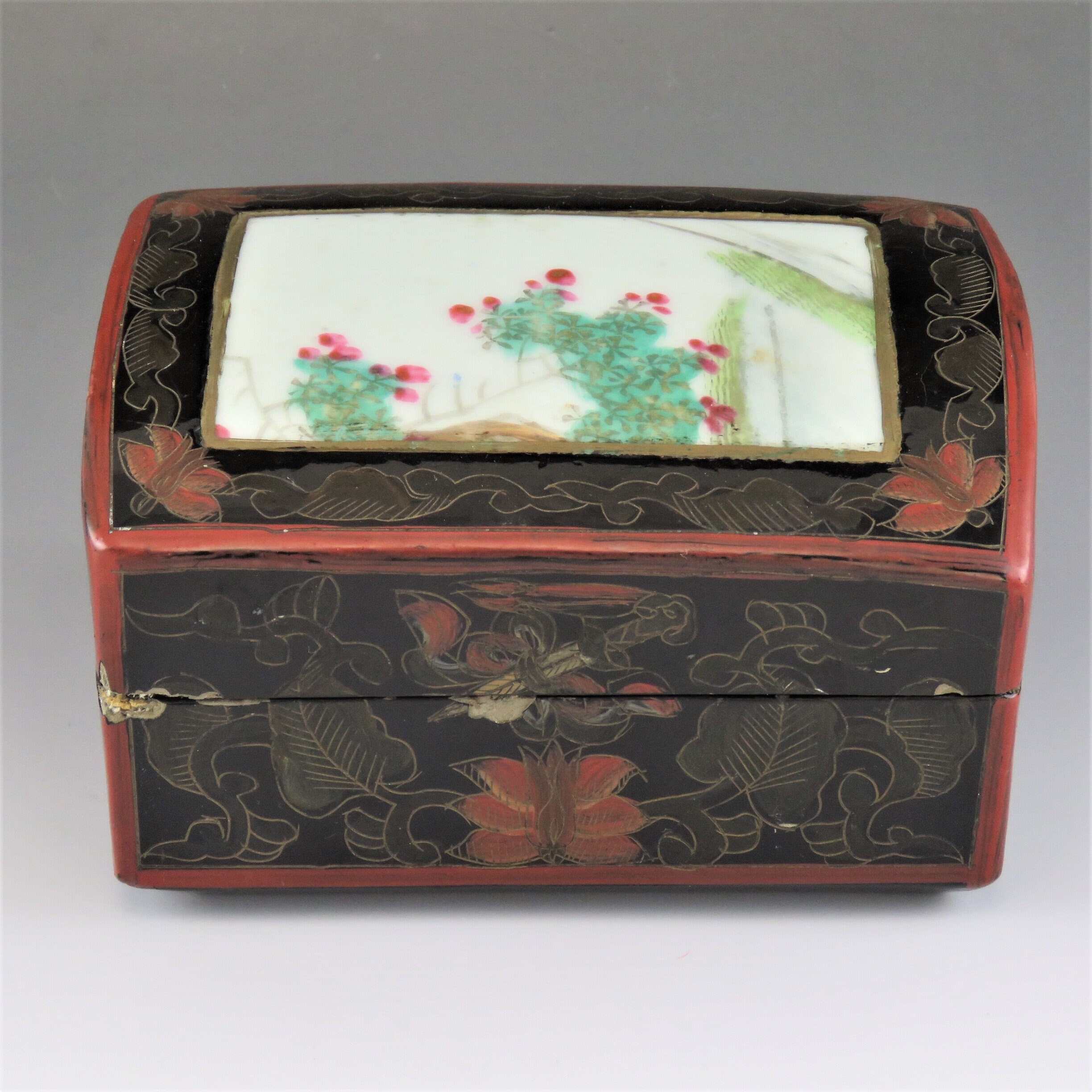 C1920s Antique Chinese Lacquer Box With Painted Roses on C1920s Antique Chinese Lacquer Box With Painted Roses on