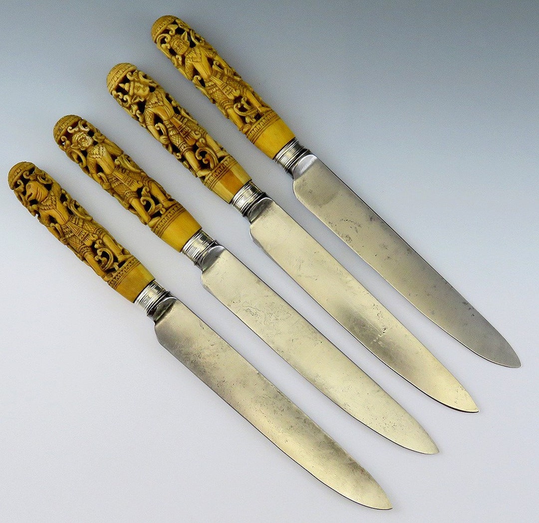 4 Antique Thai Hand Carved Stag Sheffield Blades Knives10 3/4
