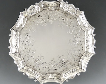 Antique 1740 English Georgian Sterling Silver Card Tray Salver 18th Century