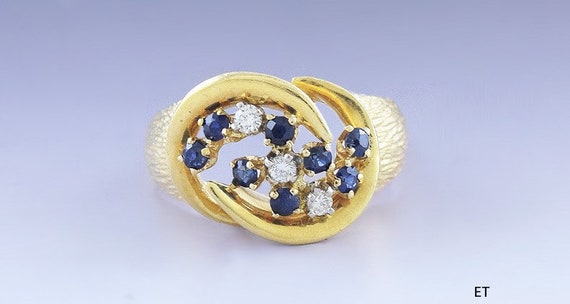Elegant 18k Gold Diamond & Sapphire Brushed Finis… - image 1