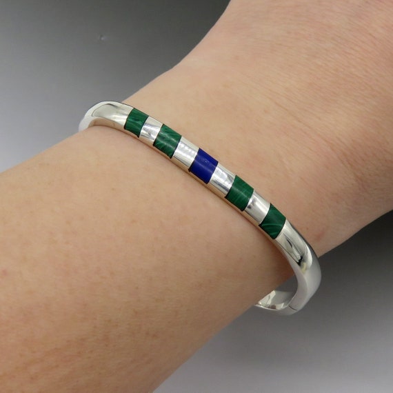 Vintage Mexican Sterling Silver Malachite Bangle … - image 1