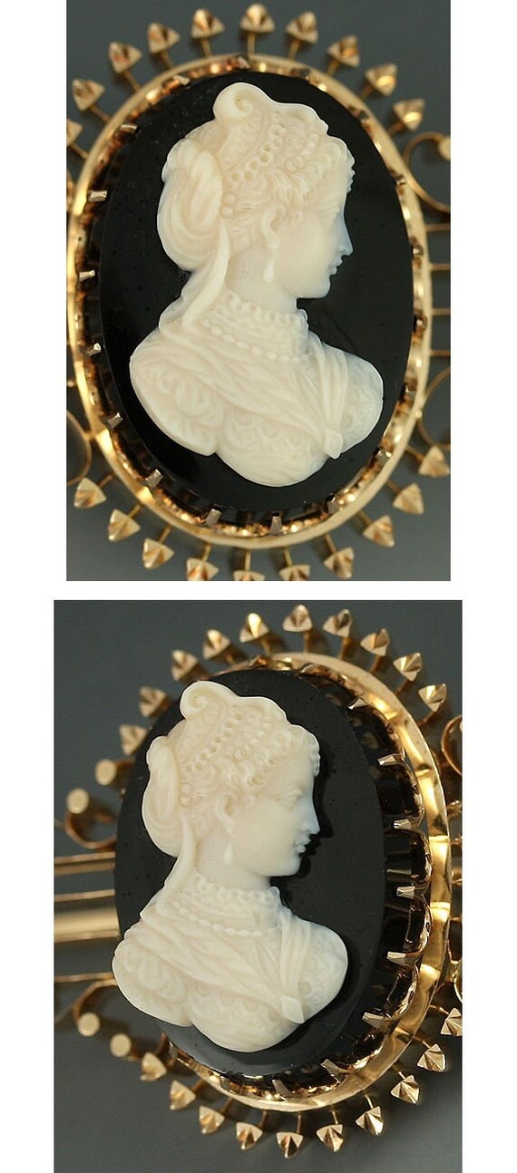 Victorian 14k Gold Carved Black & White Hardstone… - image 2