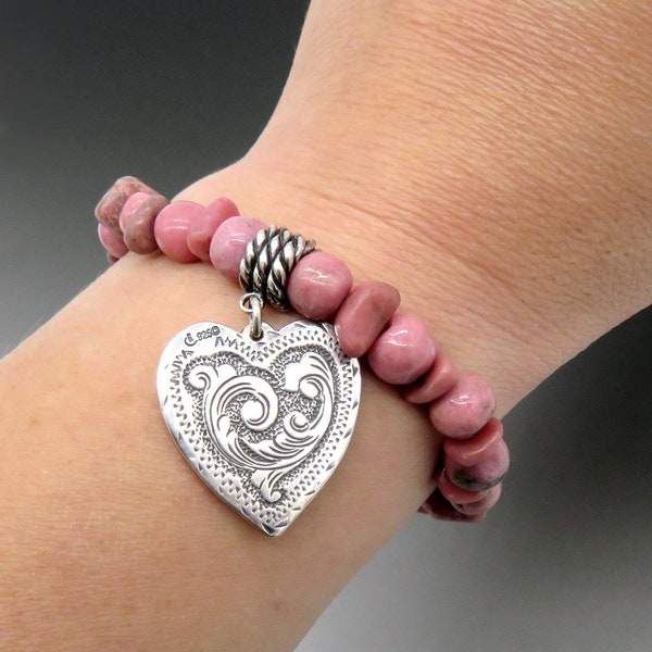 Rare Relios Carolyn Pollack Sterling Silver Heart Rhodonite Pink Bead Bracelet