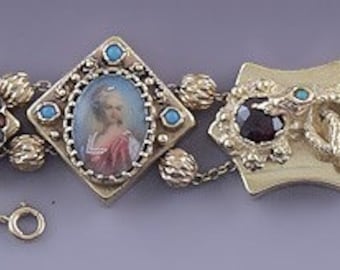 Lovely 14k Gold Multi Gem Slide Charm Bracelet Victorian Style Mini Portrait