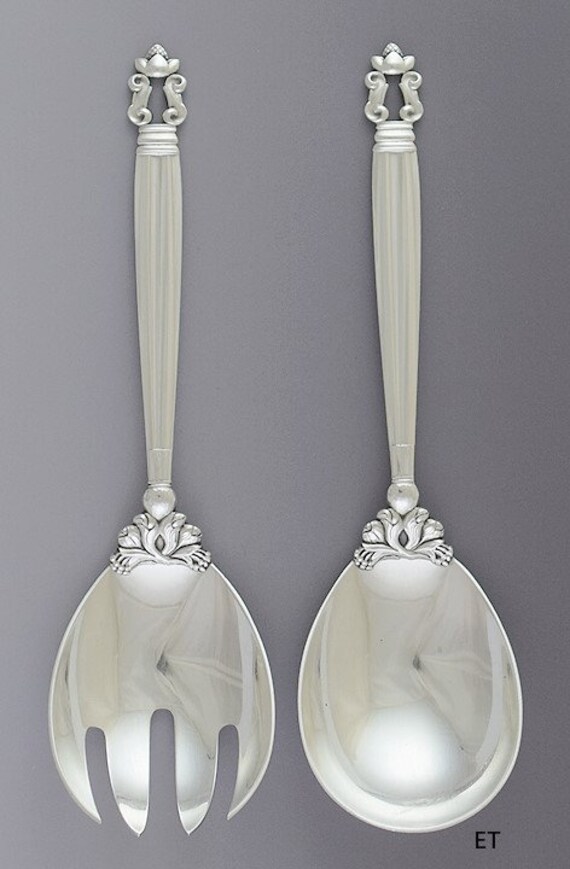 Georg Jensen Sterling Silver Acorn 2pc Salad Serving Spoon Fork