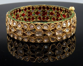 Vintage Indian Mughal 22k Gold Polki ~3ct Diamond Meenakari Enamel Bracelet