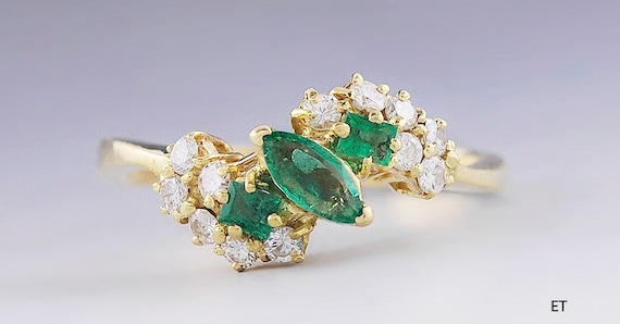 Beautiful 18k Gold Triple Emerald & Diamond Ring - image 1