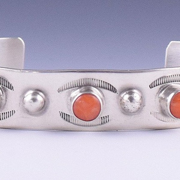 Shining Vintage Sterling Silver Cuff Bracelet w/ Red Coral and Punch Marks