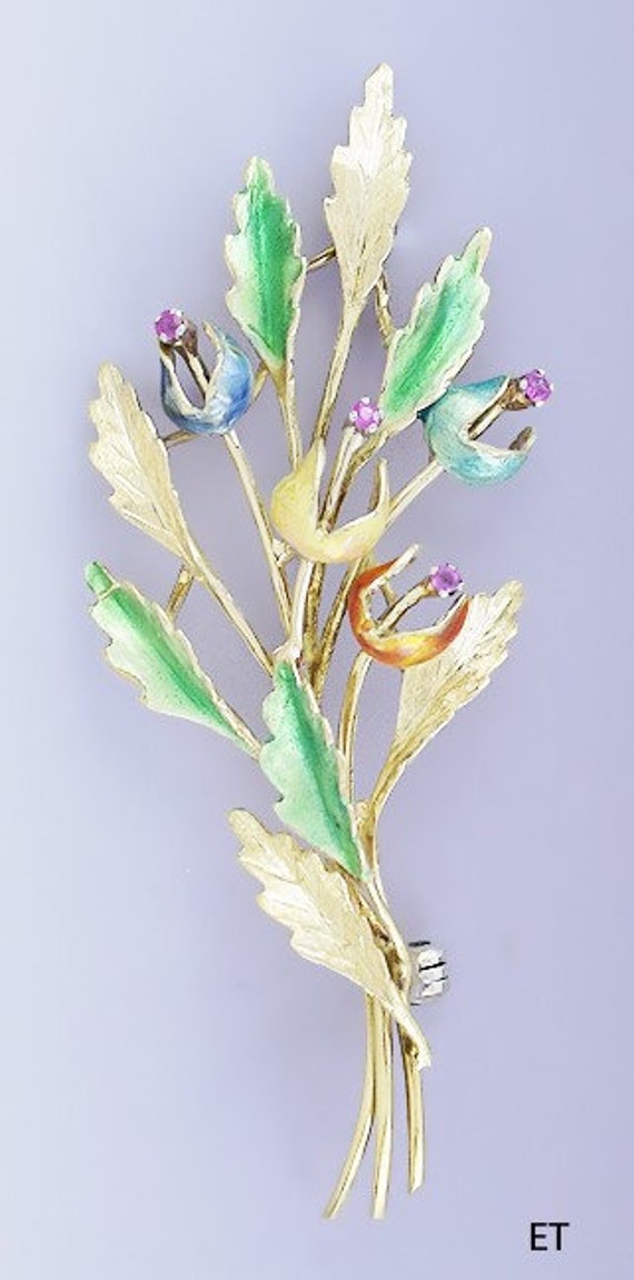 Beautiful 18k Gold Ruby & Enamel Floral Tulip Pin 
